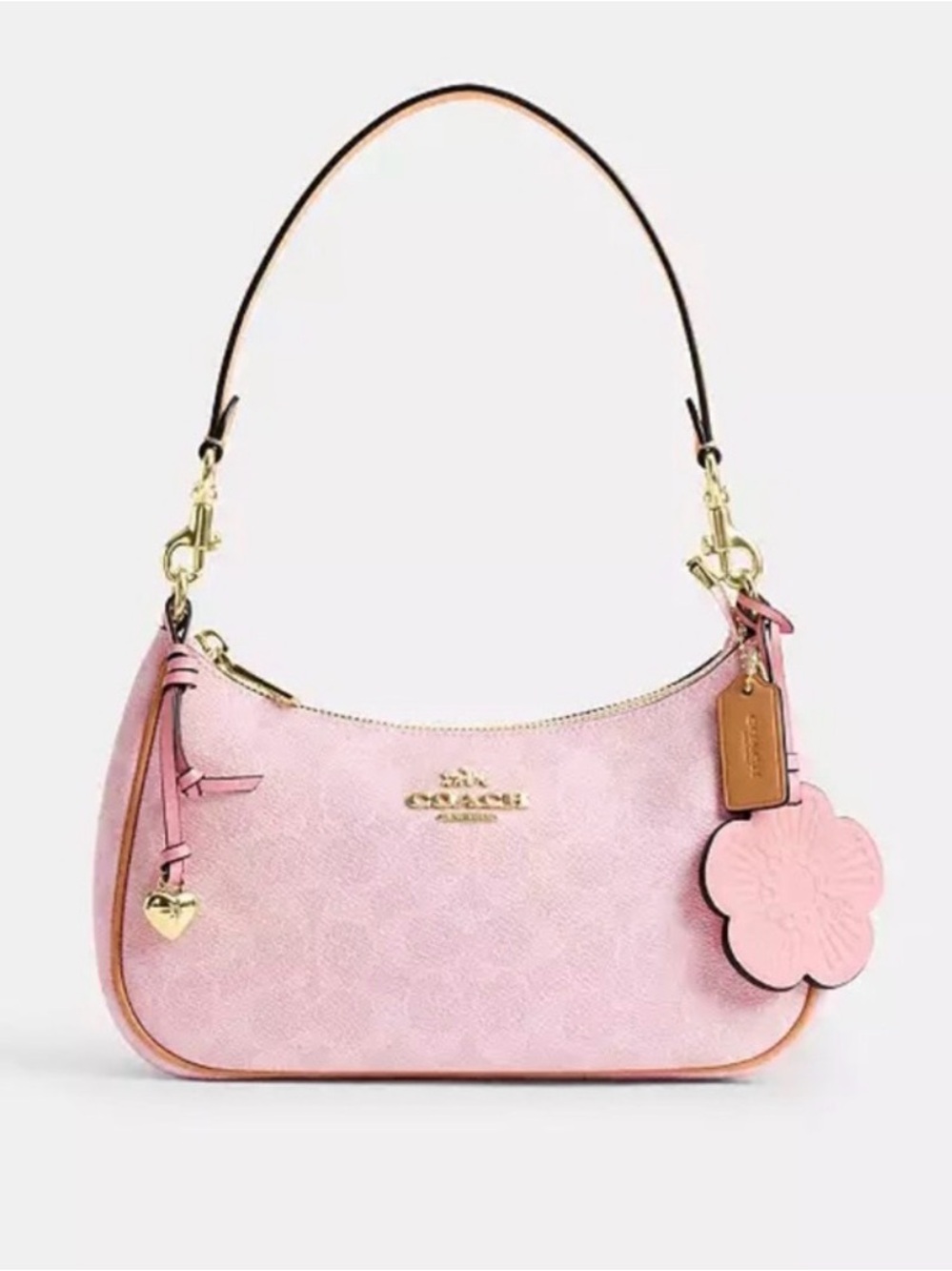 Coach Pink Leather Shoulder Bag with Floral Tag and Gold Hardware
